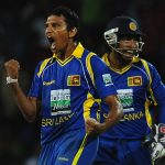 Sri Lankan cricketer Suraj Randiv (L) ce